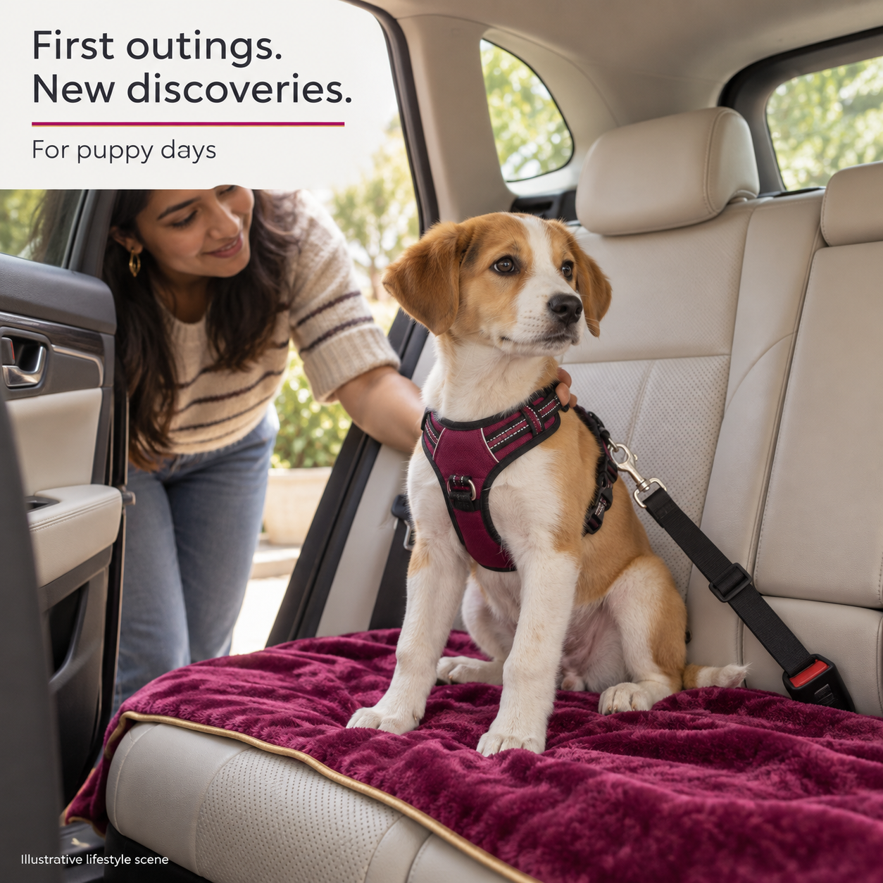 Canine Creek Premium Puppy Food 1.2kg 6 Illustrative puppy secured with a chest harness and seat-belt tether in a parked car before an outing