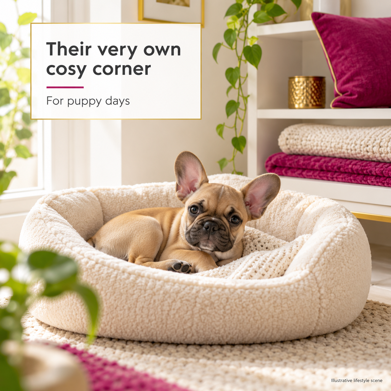 Canine Creek Premium Puppy Food 1.2kg 5 Illustrative French Bulldog puppy settling into its own cosy bed at home