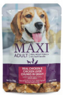 Maxi Adult Real Chicken and Chicken Liver Chunks in Gravy wet dog food, one 70 g pouch