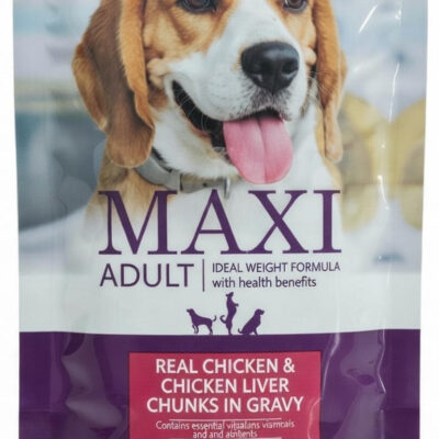 Maxi Adult Real Chicken and Chicken Liver Chunks in Gravy wet dog food, one 70 g pouch