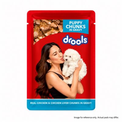 Reference image of one Drools Puppy Chicken and Chicken Liver Chunks in Gravy pouch; actual pack may differ