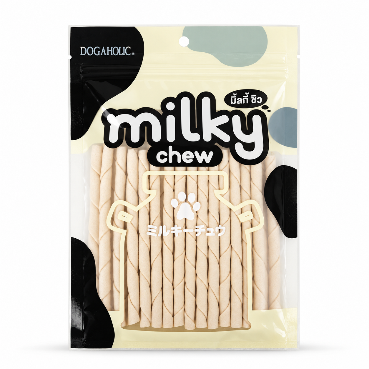 Dogaholic Milky Chew Stick Style single 30-piece cream and black pouch on white
