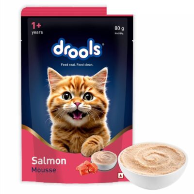 One Drools Salmon Mousse Adult Wet Cat Food 80 g pouch with a bowl of mousse, for cats 1+ years