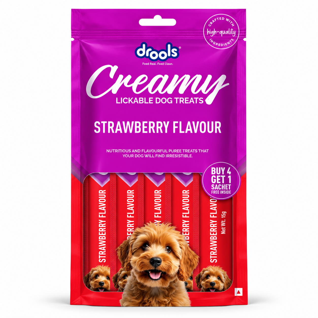 Drools Creamy Strawberry Flavour lickable dog treats, one 75g 4+1 retail pouch