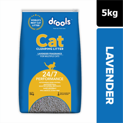 Drools Lavender Clumping Cat Litter – single 5 kg bag in blue and yellow packaging