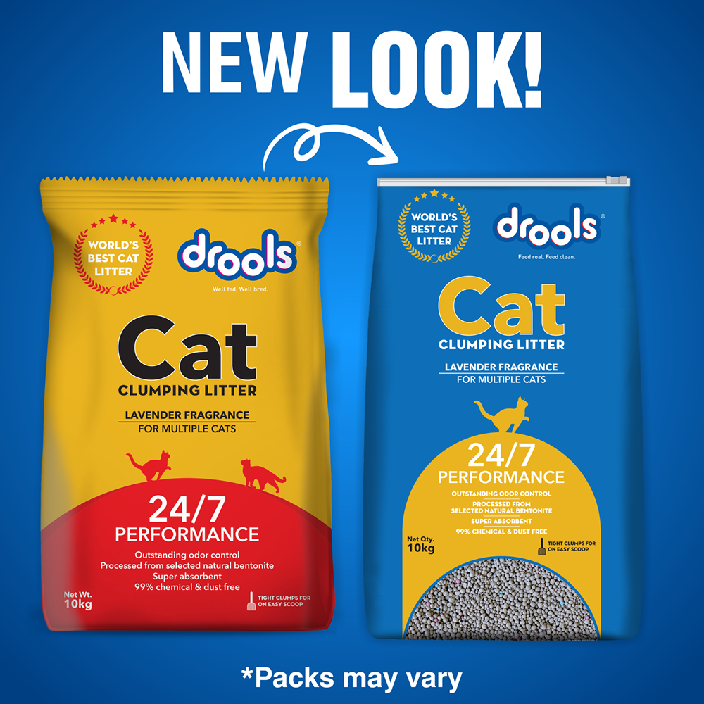 Drools Lavender Scented Clumping Cat Litter – 5 kg 3 Drools cat litter packaging update – previous and new blue-and-yellow designs; packs may vary