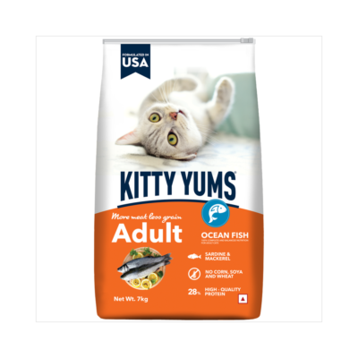 Kitty Yums Adult Ocean Fish dry cat food – front of single bag labelled 7 kg