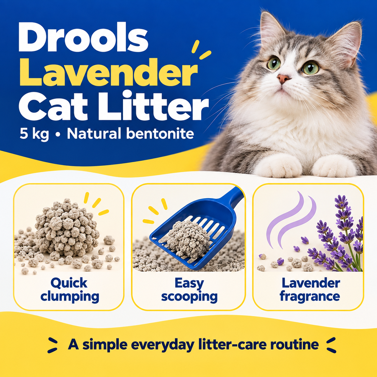 Drools Lavender Scented Clumping Cat Litter – 5 kg 2 Drools Lavender Cat Litter 5 kg – bentonite clumping and scent highlights