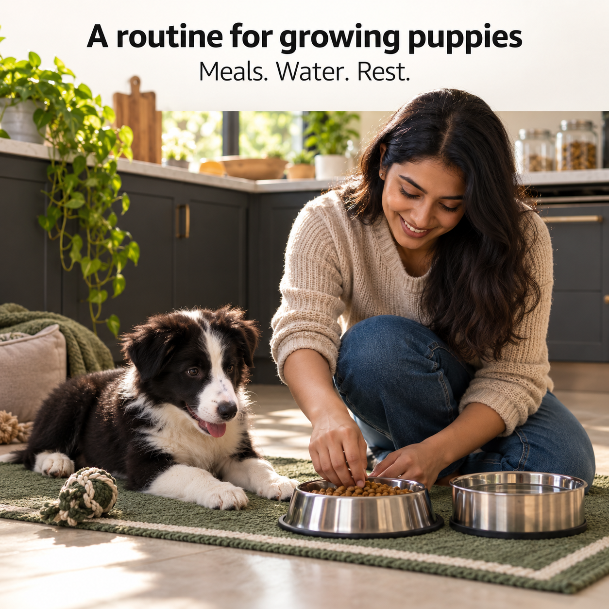 Purina Pro Plan Puppy Medium Chicken Dry Dog Food – 1 kg 4 Purina Pro Plan medium puppy food – mealtime and rest routine lifestyle illustration