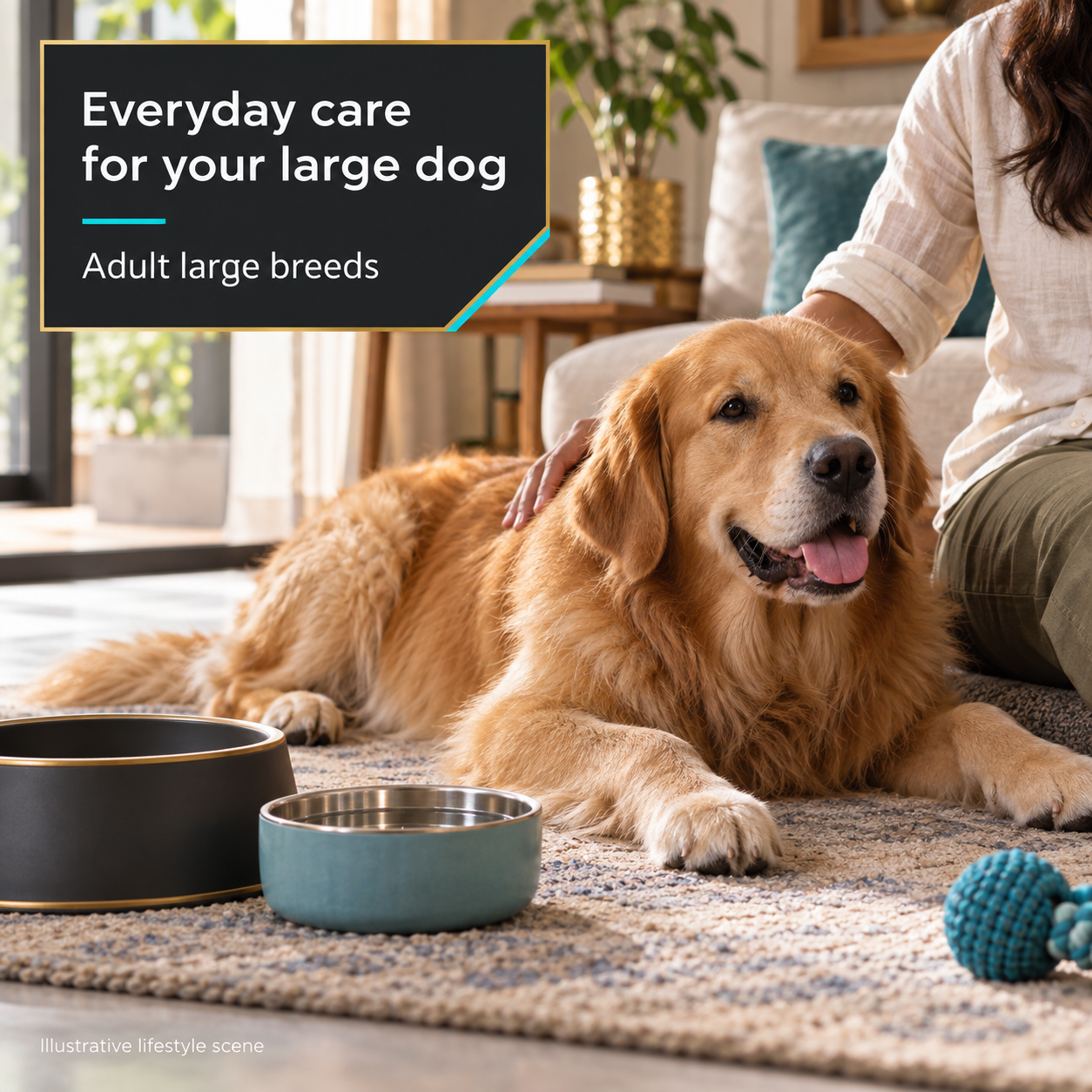 Purina Pro Plan Adult Essential Health Large Breed Dry Dog Food, Chicken, 1kg 6 Illustrative adult large-breed Golden Retriever at home, Purina Pro Plan cyan charcoal and gold theme