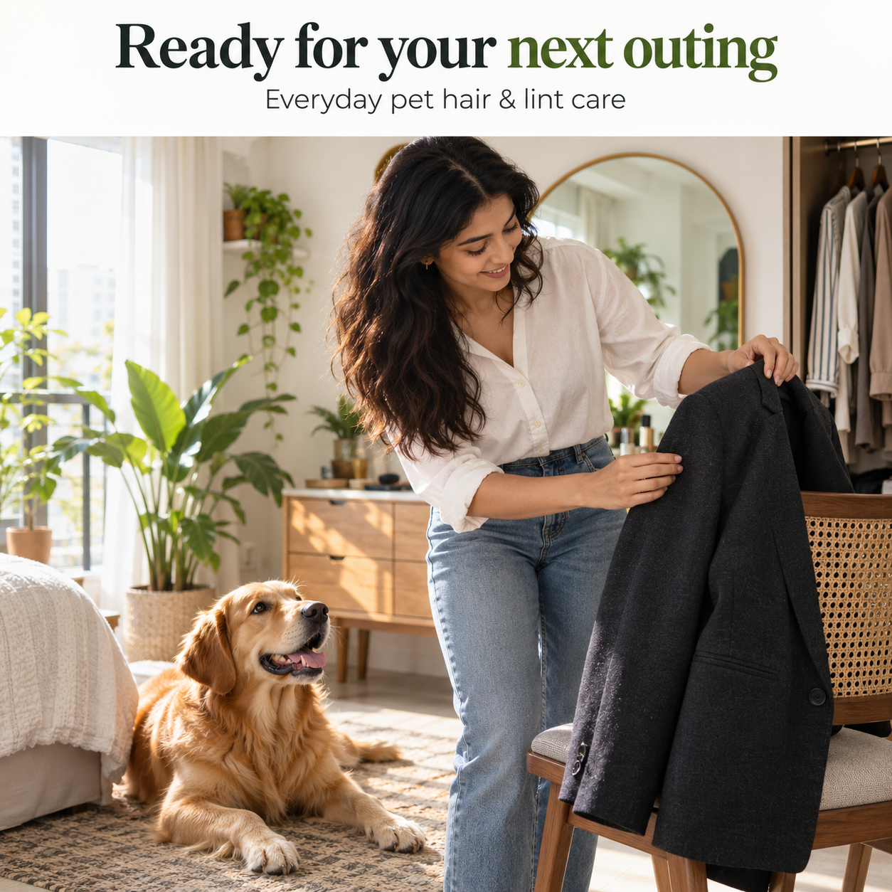Basil Lint Roller Refill 3 Outfit care with a golden retriever nearby – Basil lint roller refill lifestyle illustration