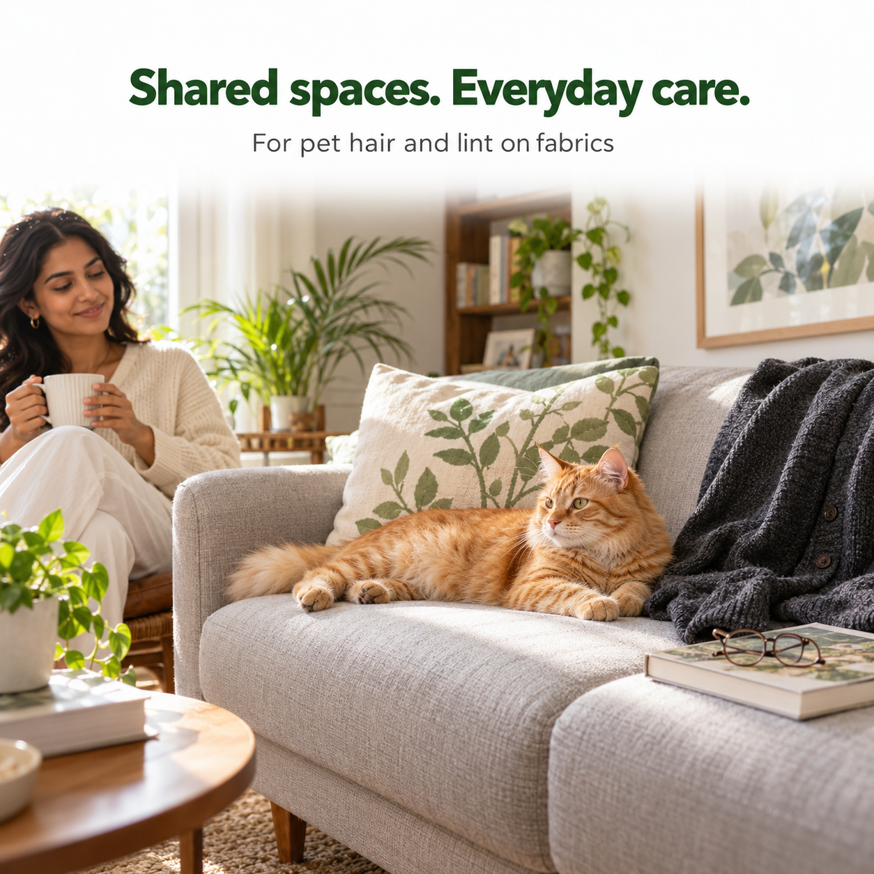 Basil Lint Roller Refill 4 Pet-friendly sofa and clothing care lifestyle illustration for Basil lint roller refill