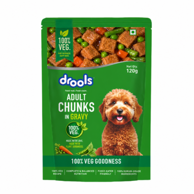 Drools 100% Veg Adult Chunks in Gravy 120g single pouch, edited product display photo