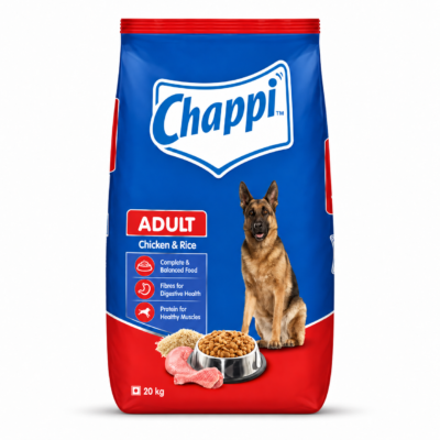 Single Chappi Adult Chicken & Rice 20 kg dry dog food bag in blue and red packaging, improved supplier reference