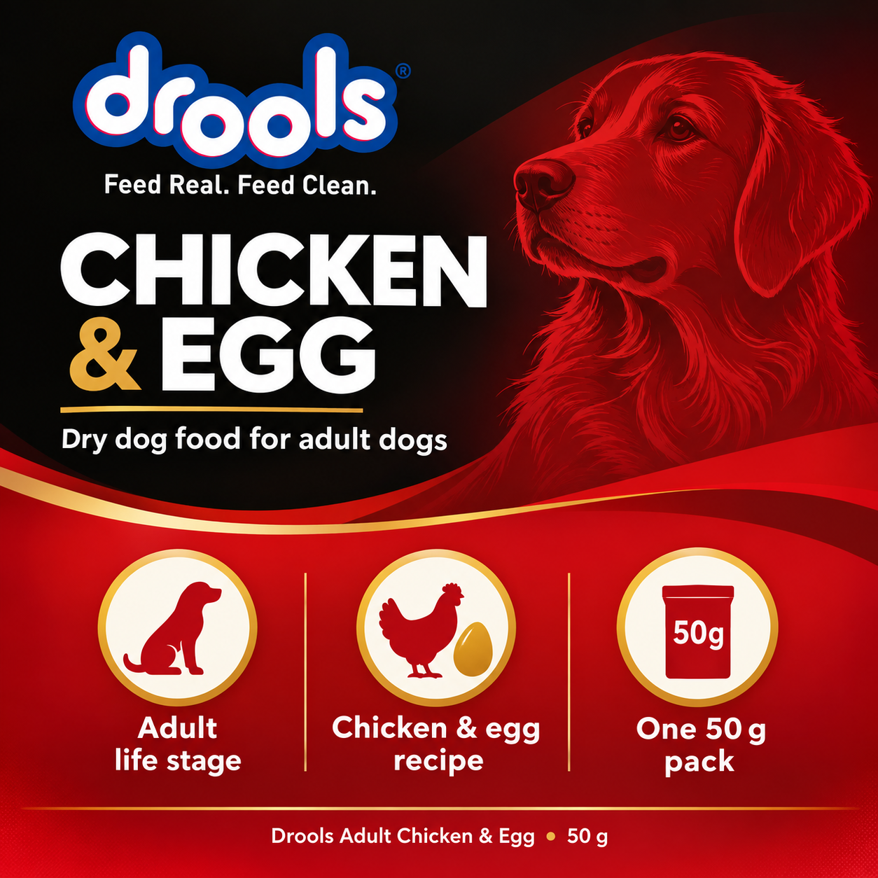 Drools Chicken & Egg Adult Dry Dog Food – 50 g 3 Drools Chicken & Egg Adult dry dog food highlights: adult life stage, chicken and egg recipe and one 50 g pack