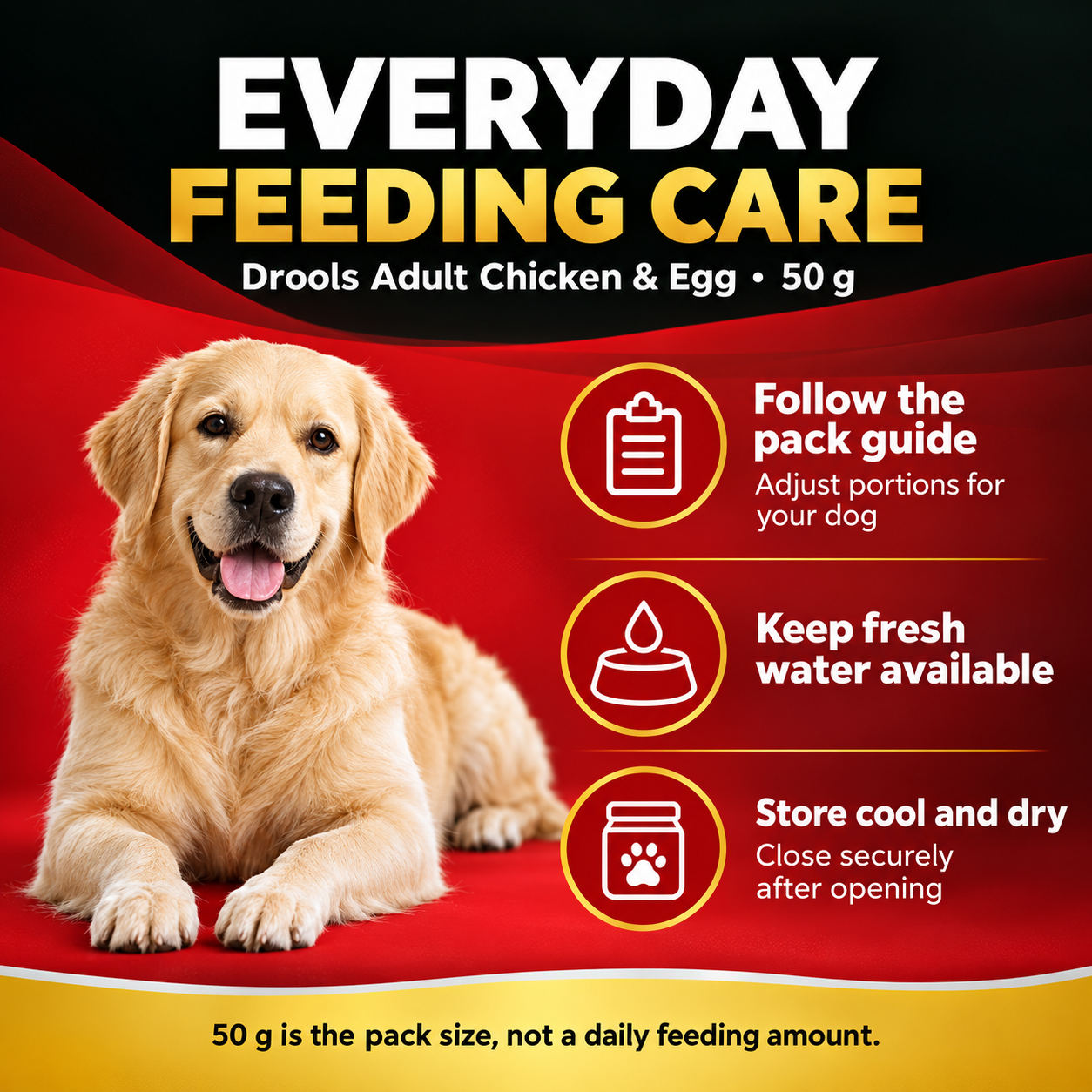 Drools Chicken & Egg Adult Dry Dog Food – 50 g 4 Drools Adult 50 g feeding care guide: follow pack directions, provide fresh water, store cool and dry; pack size is not a daily feeding amount