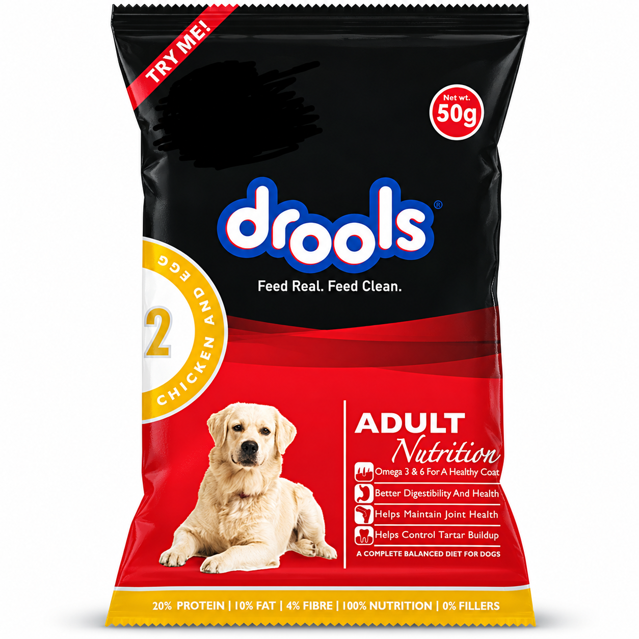 Drools Chicken & Egg Adult Dry Dog Food – 50 g 1 Supplier reference illustration of one Drools Chicken & Egg Adult Dry Dog Food 50 g sachet; packaging may vary