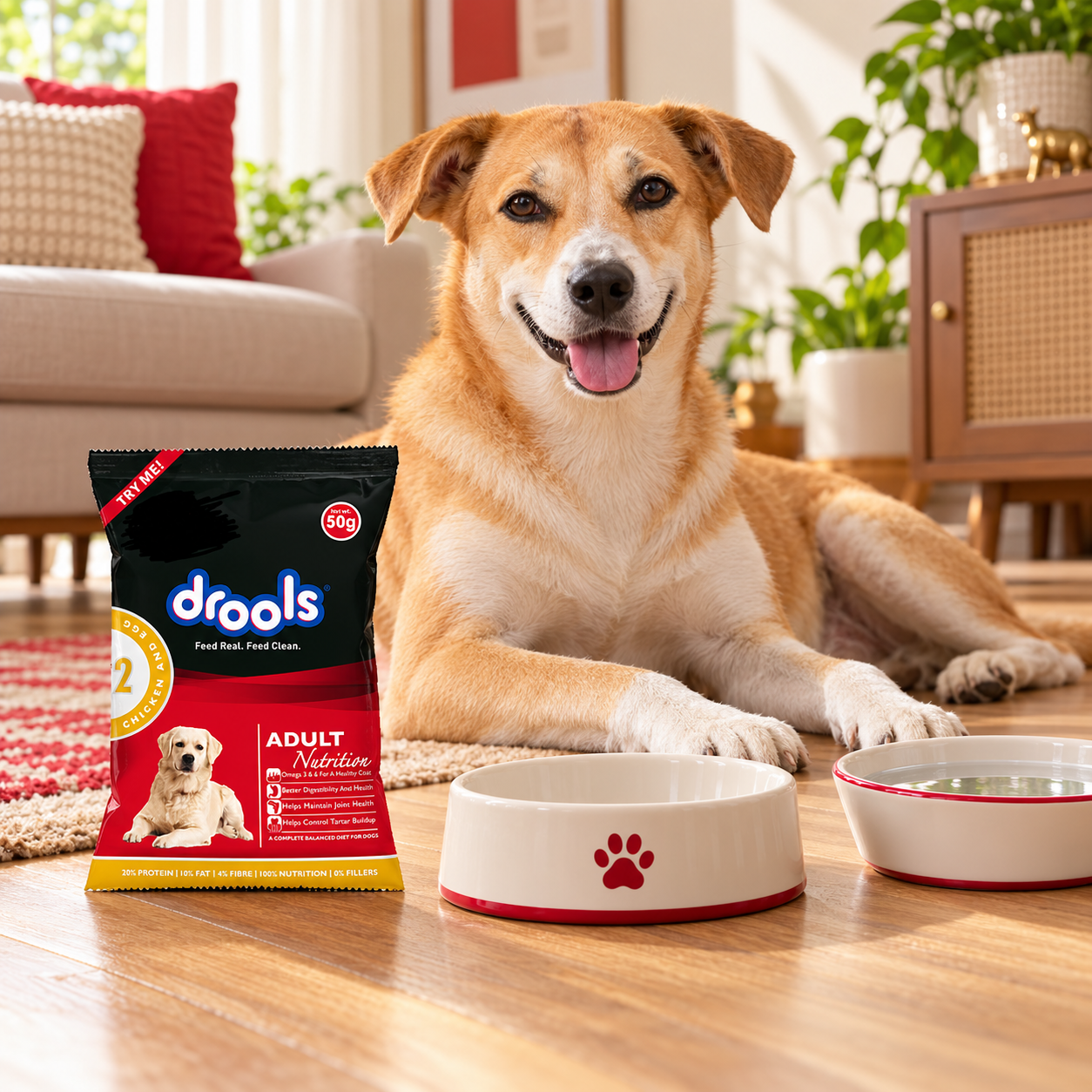 Drools Chicken & Egg Adult Dry Dog Food – 50 g 2 Illustrative adult dog at home beside one Drools Chicken & Egg Adult 50 g packaging reference, empty food bowl and drinking water