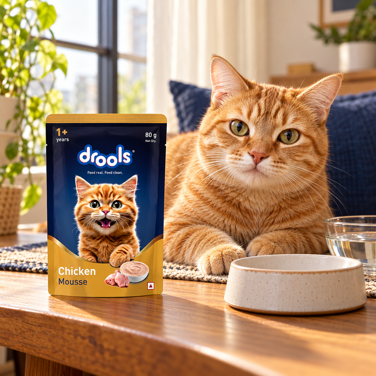 Drools Chicken Mousse Adult Wet Cat Food – 80 g 2 Illustrative adult ginger cat at home beside one Drools Chicken Mousse Adult 80 g pouch, empty feeding bowl and fresh water