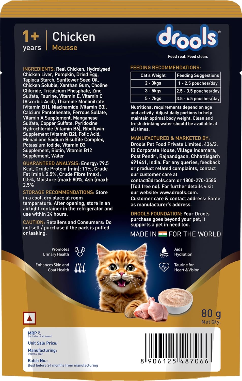 Drools Chicken Mousse Adult Wet Cat Food – 80 g 5 Original Drools Chicken Mousse Adult 80 g back label with ingredients, nutrition, feeding table, 24-hour refrigerated storage instructions and barcode 8906125487066