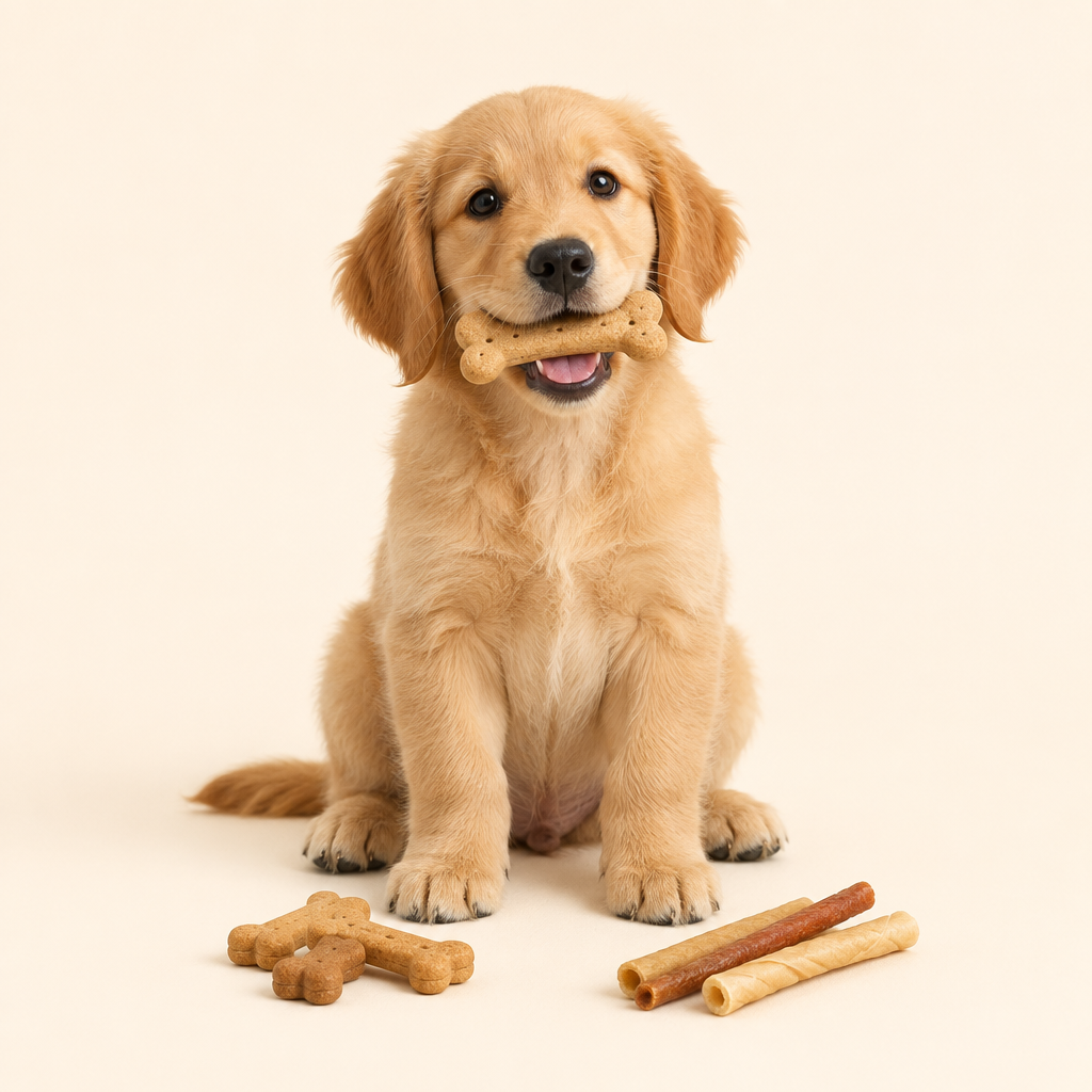 Puppy holding a dog biscuit with treats