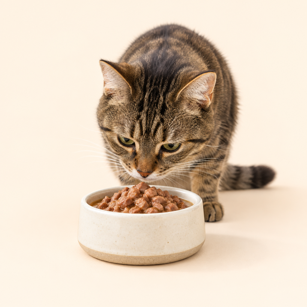 Cat eating wet food from a bowl