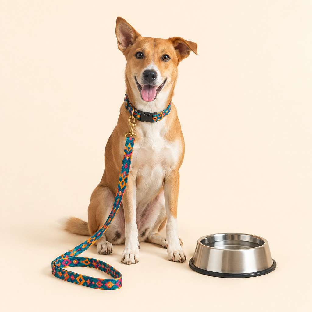 Indie dog with collar, leash and steel bowl