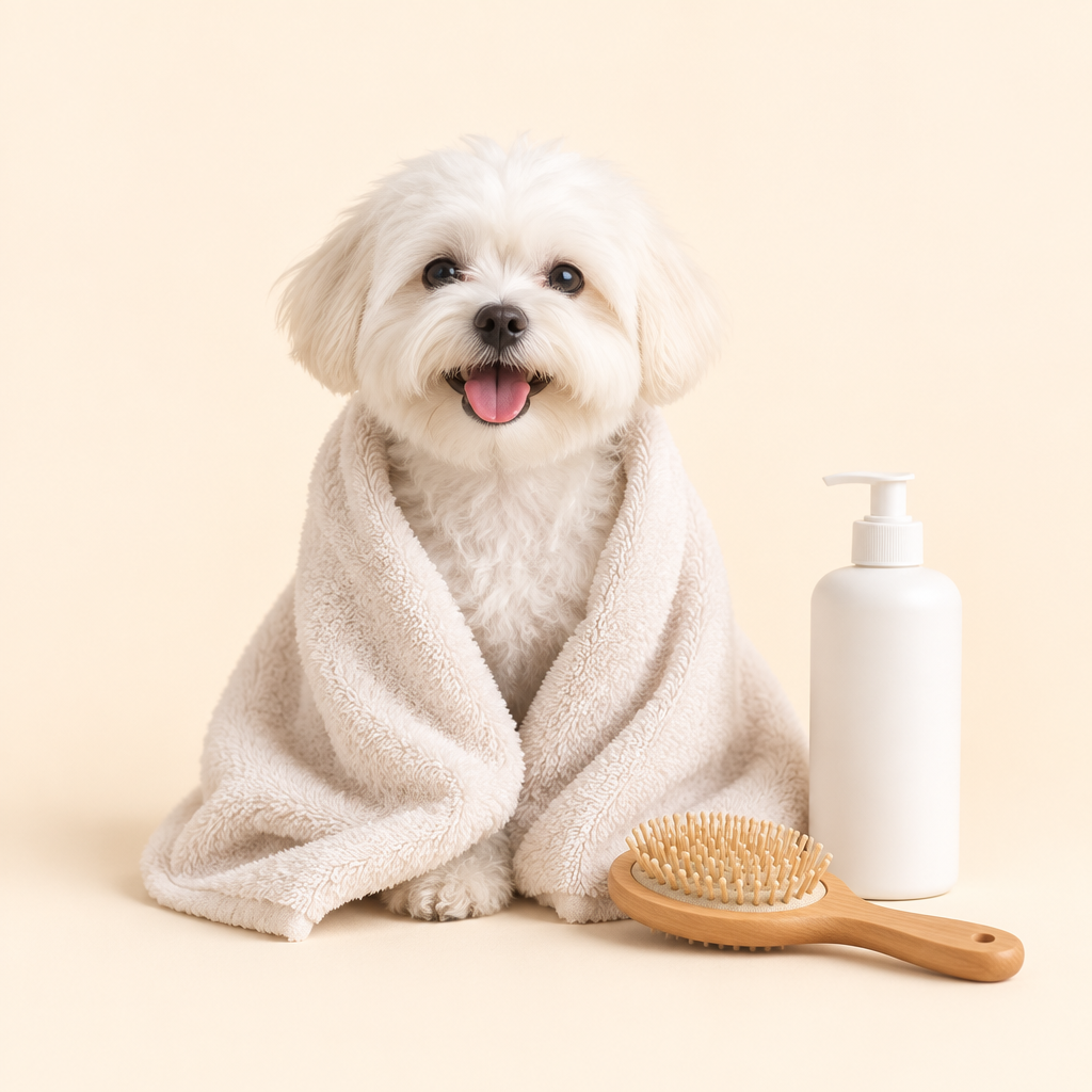 Small white dog in a towel with grooming brush