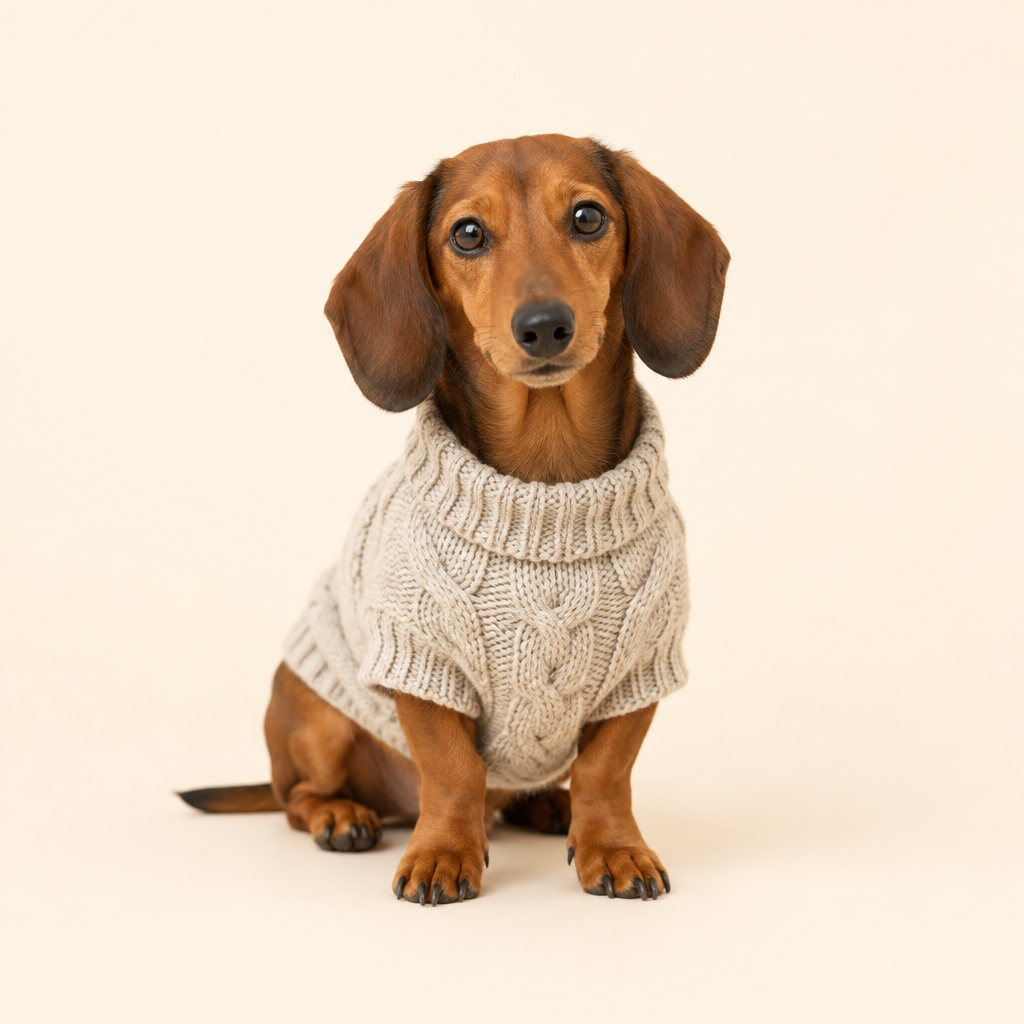Dachshund wearing a knitted sweater