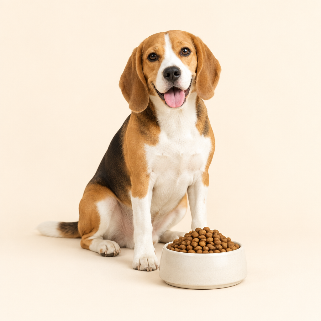 Beagle with a bowl of dry dog food