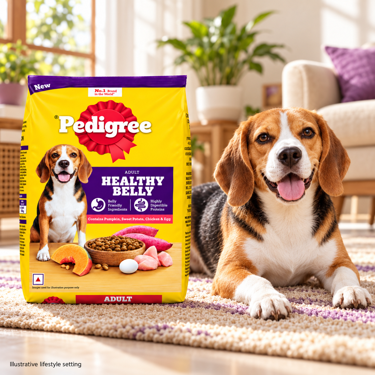 Pedigree Healthy Belly Adult Dry Dog Food – 2.8 kg 3 Pedigree Healthy Belly bag with an adult beagle in an illustrative home setting