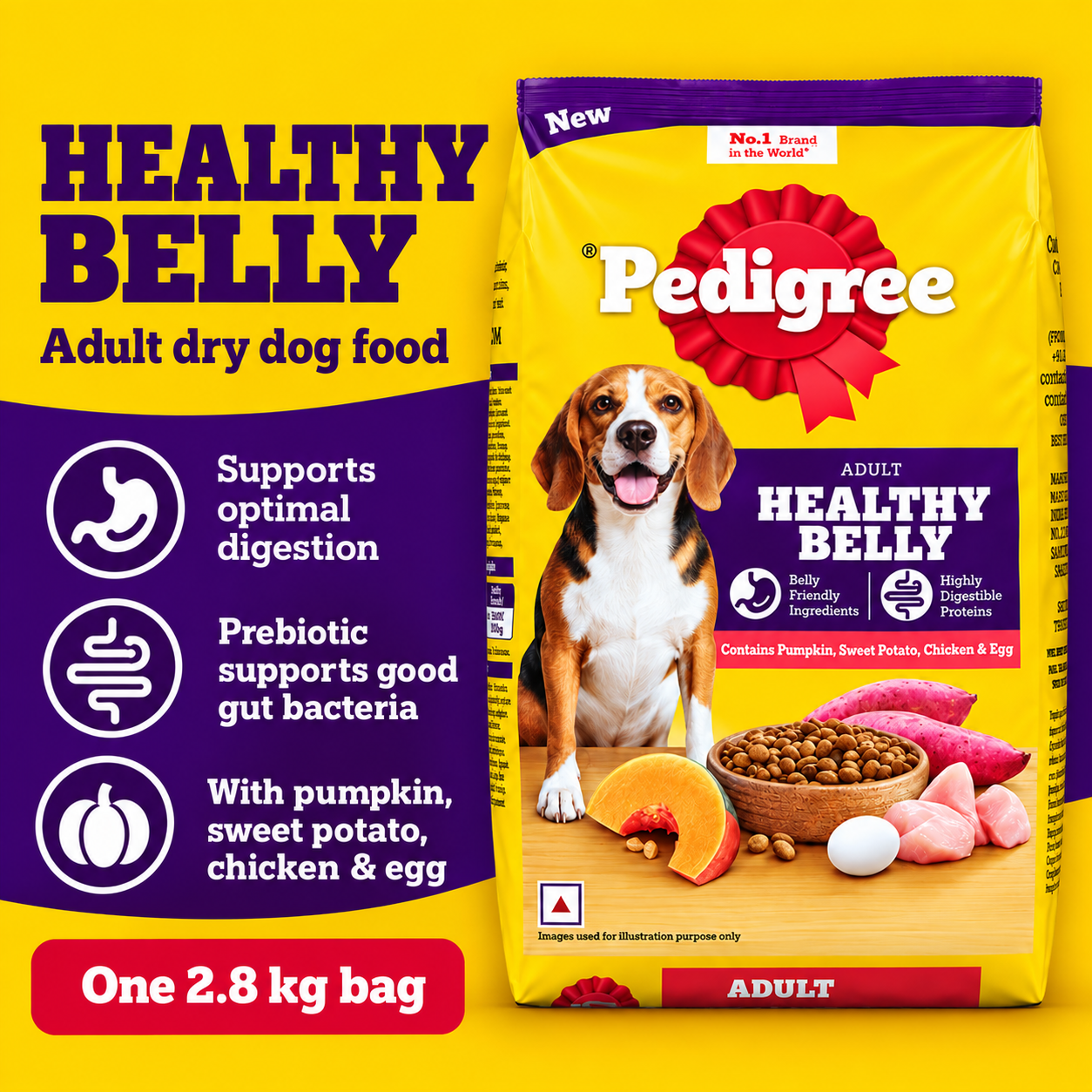 Pedigree Healthy Belly Adult Dry Dog Food – 2.8 kg 4 Pedigree Healthy Belly Adult 2.8 kg: digestion support, prebiotic, pumpkin, sweet potato, chicken and egg