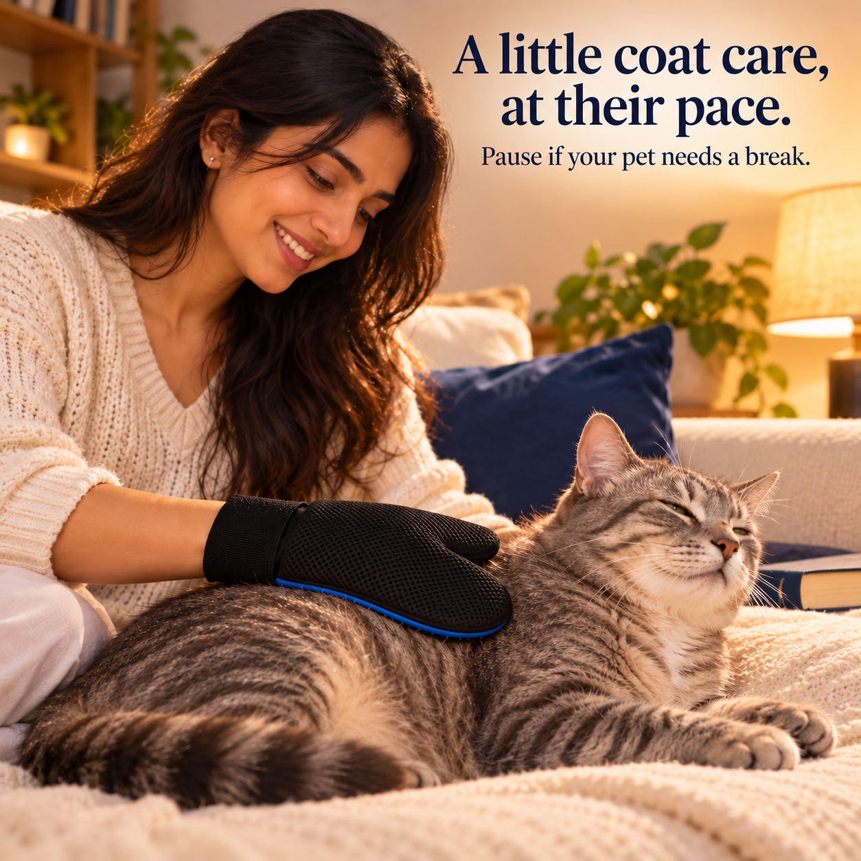PupNosh Wearable Pet Grooming & Massage Glove – L 4 Original lifestyle illustration of cat grooming with PupNosh glove, textured palm facing coat