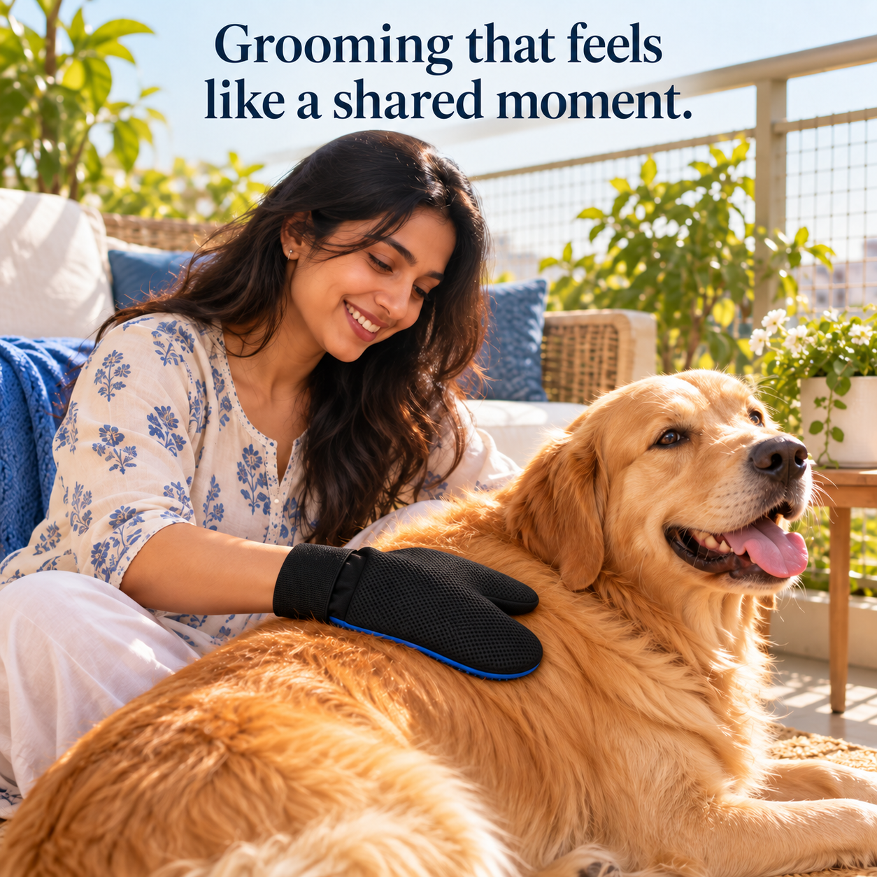 PupNosh Wearable Pet Grooming & Massage Glove – L 3 Original lifestyle illustration of dog grooming with PupNosh glove, textured palm facing coat