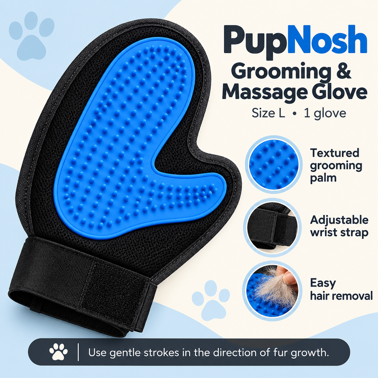 PupNosh Wearable Pet Grooming & Massage Glove – L 2 PupNosh grooming and massage glove size L – textured palm adjustable wrist strap and easy hair removal